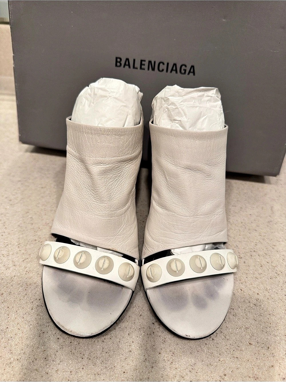 Balenciaga Studded Ankle Strap Heels in White